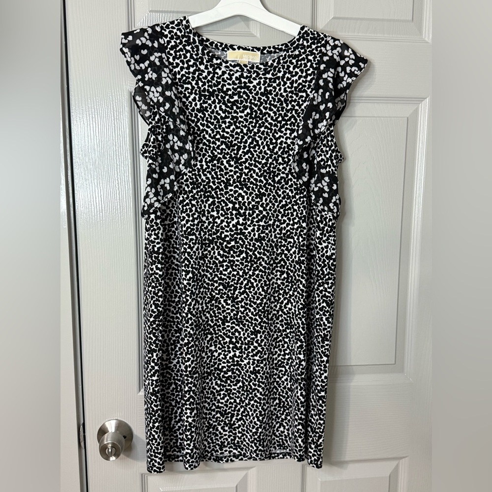 MICHAEL Michael Kors Black and White Ruffled Sheath Midi Dress